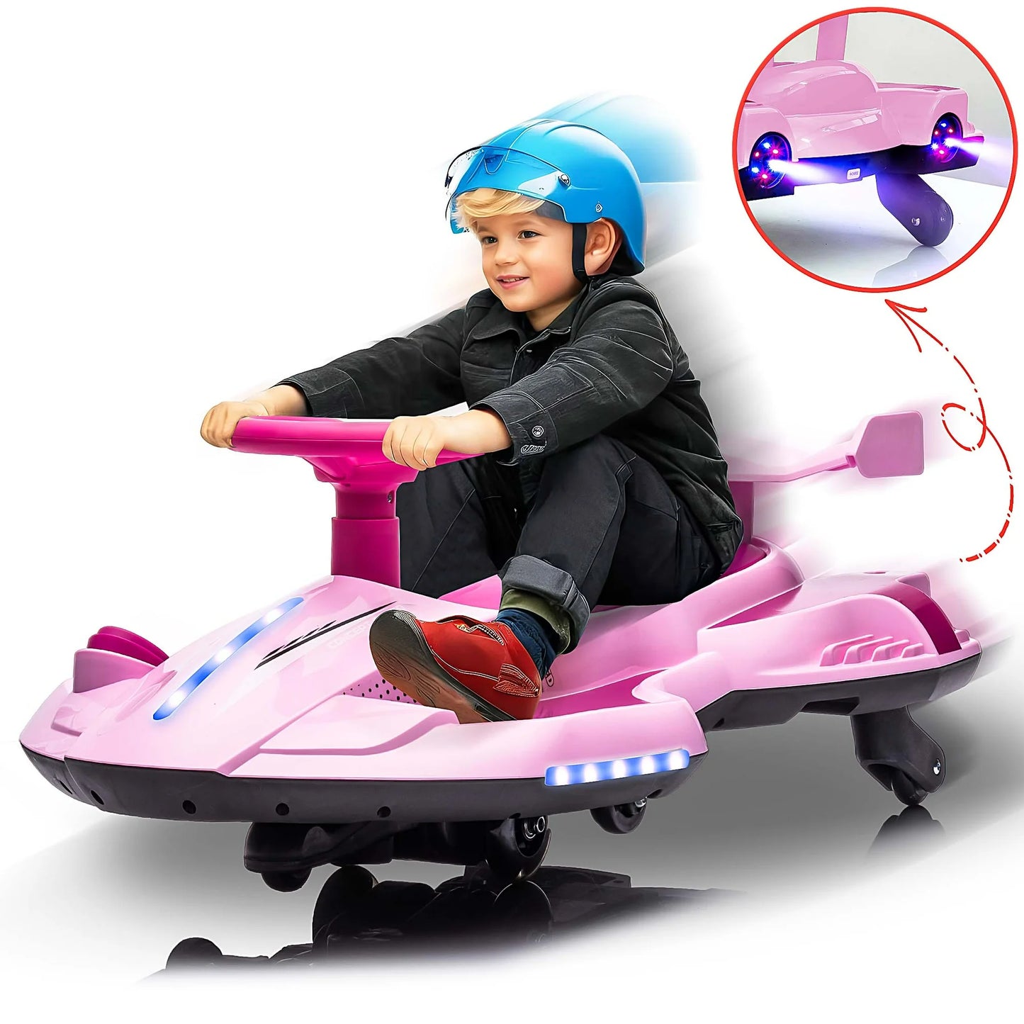 12V Kids Ride on Toy Car, 360 Degrees Rotating Ride on Drift Car Electric Drifting Go Kart for Kids Boys Girls Gifts, Go Carts for Kid with Music Player, Water Spray Taillights, Colorful Light, Pink