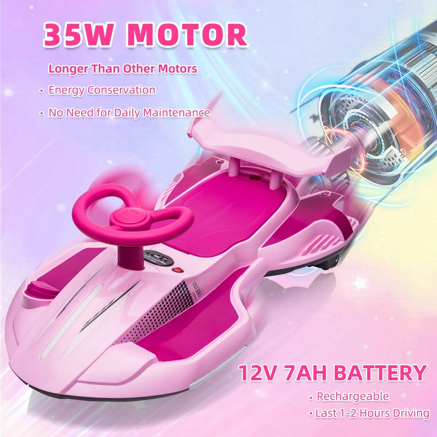 12V Kids Ride on Toy Car, 360 Degrees Rotating Ride on Drift Car Electric Drifting Go Kart for Kids Boys Girls Gifts, Go Carts for Kid with Music Player, Water Spray Taillights, Colorful Light, Pink