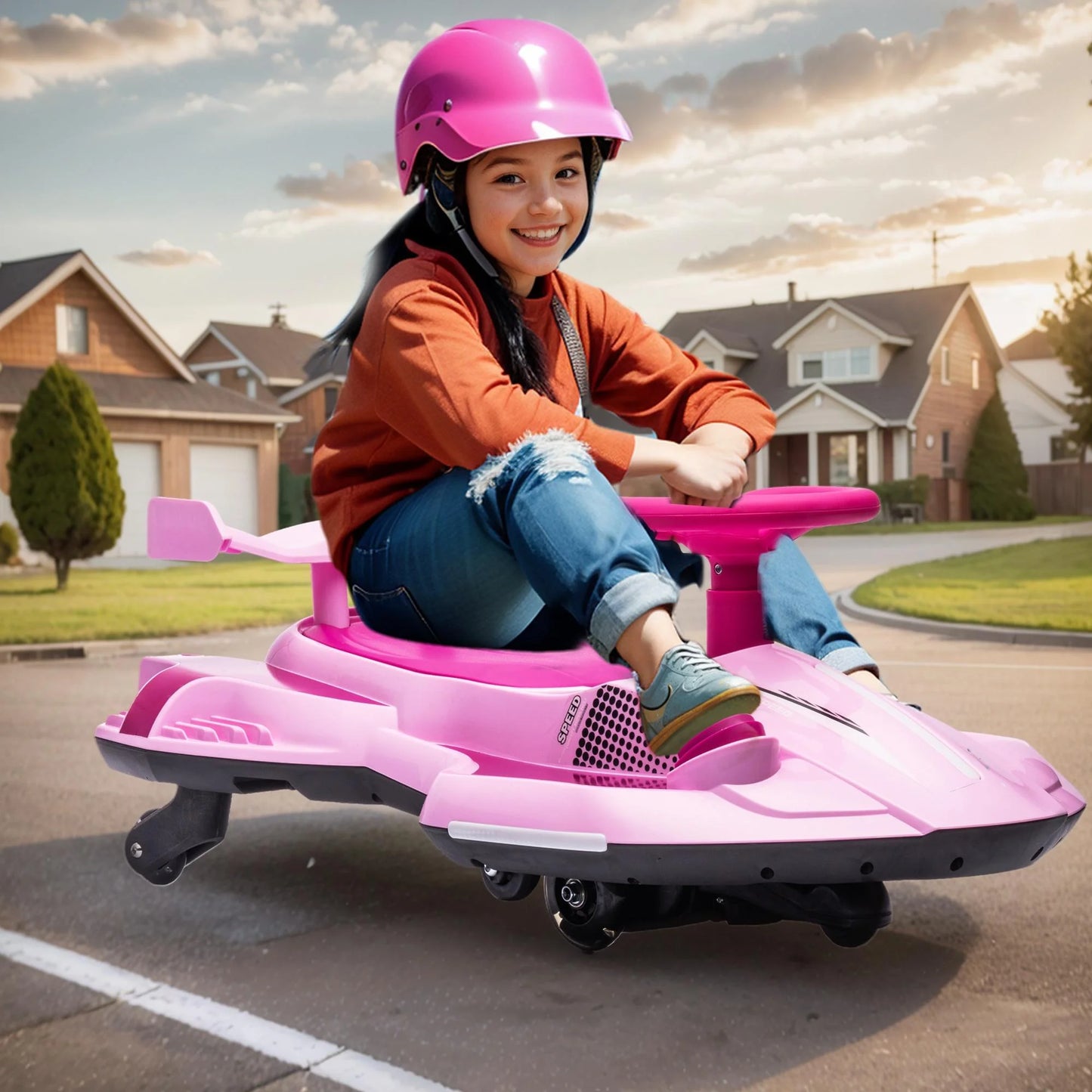 12V Kids Ride on Toy Car, 360 Degrees Rotating Ride on Drift Car Electric Drifting Go Kart for Kids Boys Girls Gifts, Go Carts for Kid with Music Player, Water Spray Taillights, Colorful Light, Pink