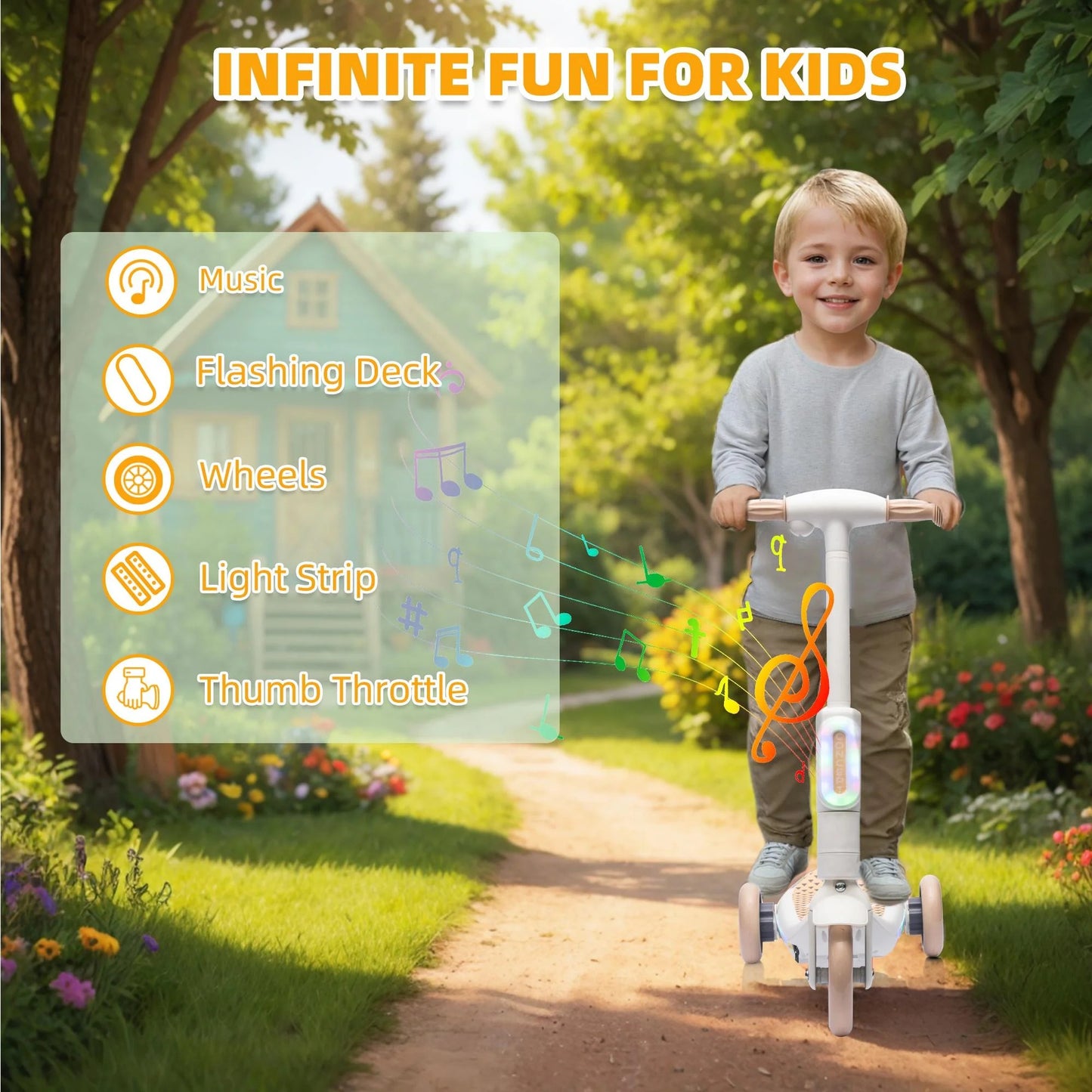 3 Wheel Scooter for Kids 3-6, Kids Scooter 3 Wheels 6V Electric Scooter for Kids Boys Girls, Kids Scooter for Toddlers with Music, Steam Sprayer, Colorful Front/Deck Light, Off-White