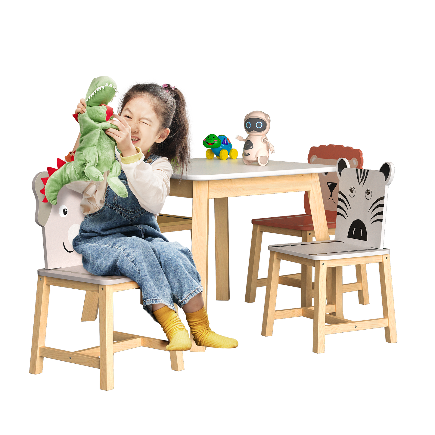 5 Piece Kids Table and Chairs Set, Cartoon Wooden Table with 4 Chairs Set for Toddler Children