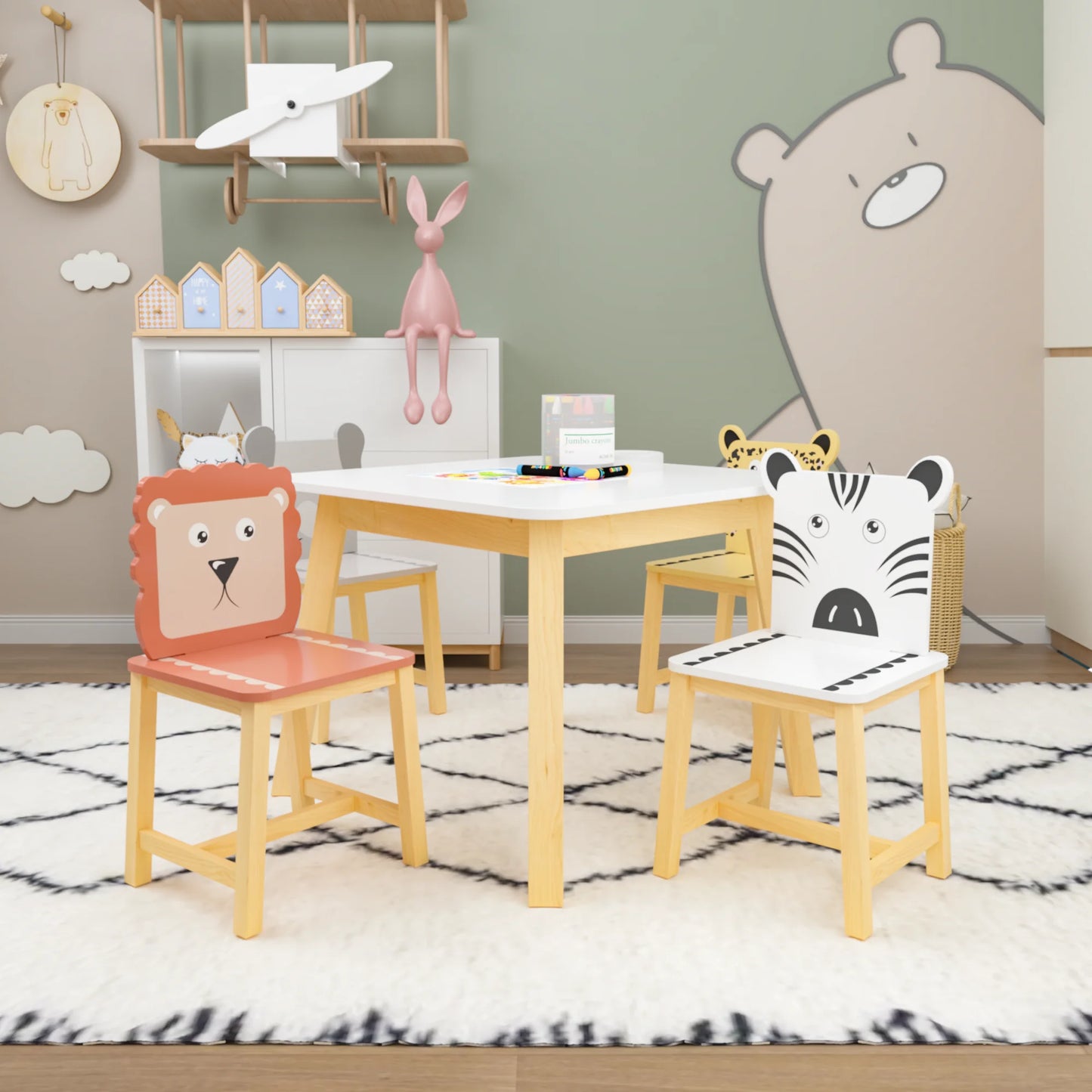 5 Piece Kids Table and Chairs Set, Cartoon Wooden Table with 4 Chairs Set for Toddler Children