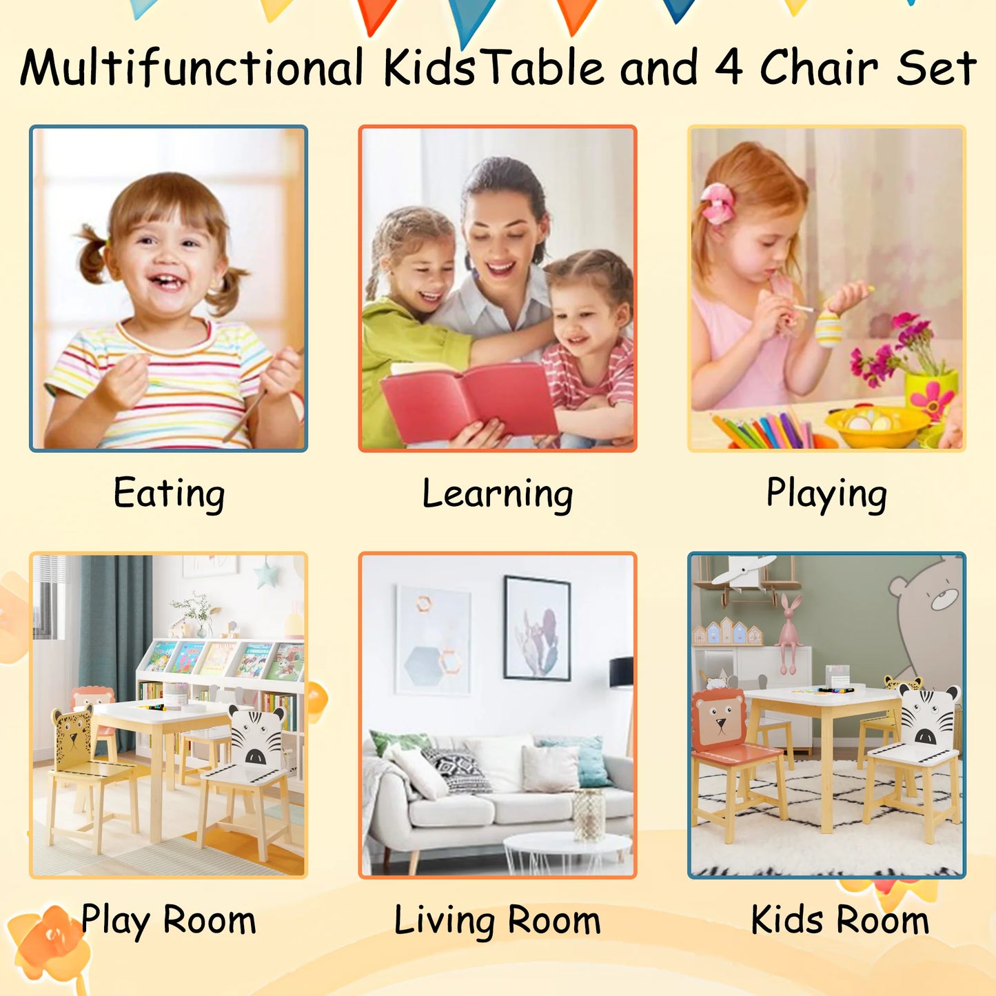 5 Piece Kids Table and Chairs Set, Cartoon Wooden Table with 4 Chairs Set for Toddler Children