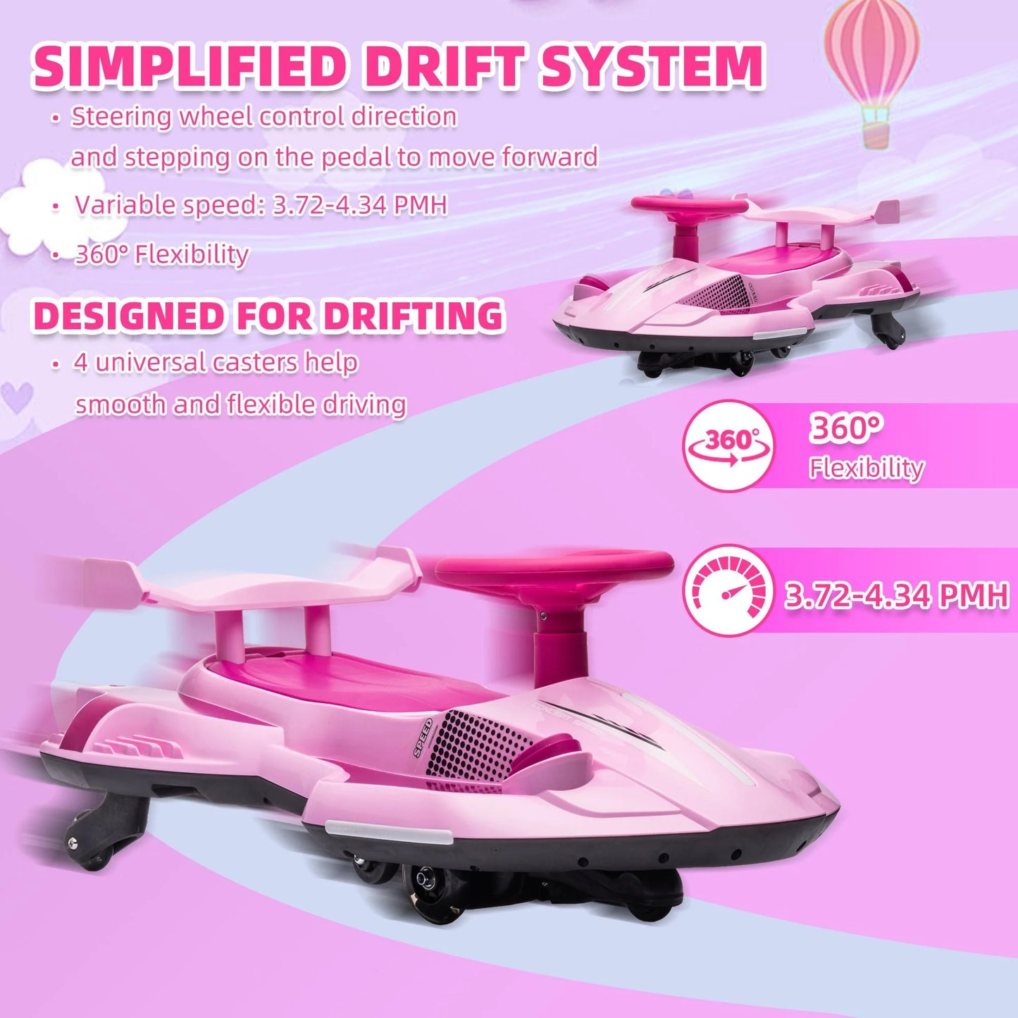 12V Kids Ride on Toy Car, 360 Degrees Rotating Ride on Drift Car Electric Drifting Go Kart for Kids Boys Girls Gifts, Go Carts for Kid with Music Player, Water Spray Taillights, Colorful Light, Pink