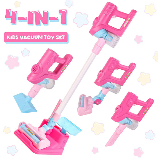 Kids Vacuum Cleaner Toys for Toddler, Toy Vacuum Set that Really Works with Real Suction, Pretend Play Housekeeping Toy Vacuum w/Sound Effects/Music/Light for Girls Boys, Pink