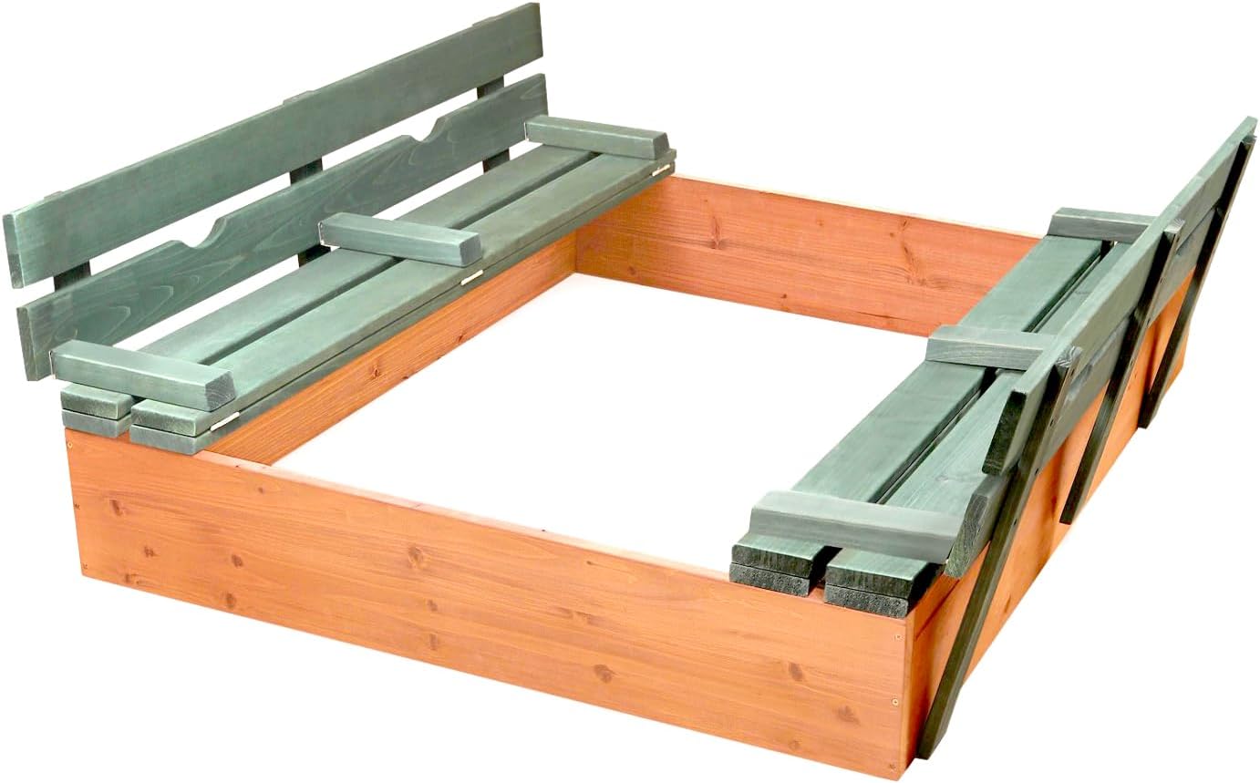 Original Wooden Cedar Sandbox with Built-in Bench Seats and Cover - Heavy Duty Outdoor Play Equipment (Natural/Natural)