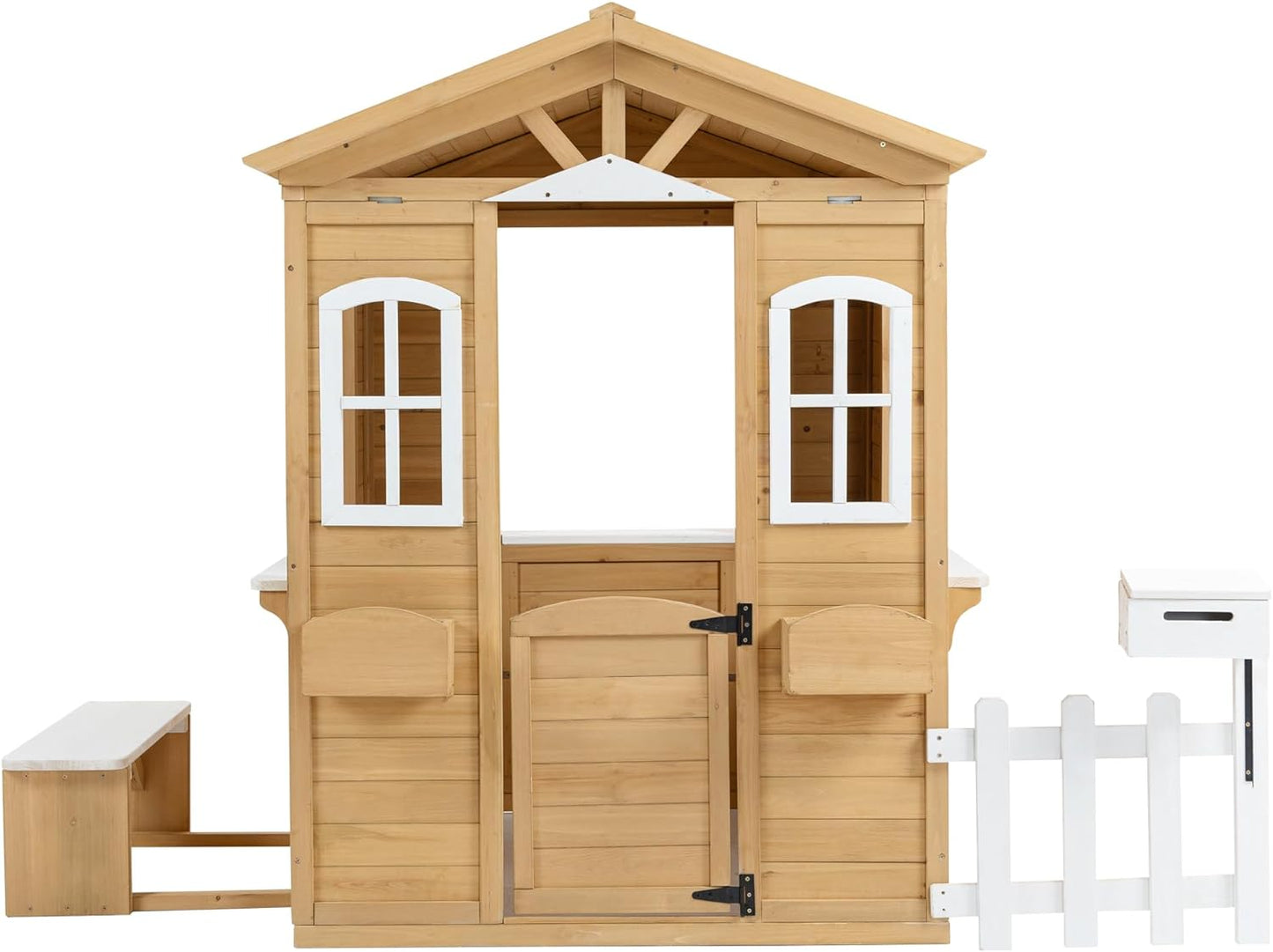 Wooden Playhouse for Kids Outdoor, Country Style Playhouse with Working Door, Windows, Mailbox, Flowers Pot Holder, Service Stations, Natural, 80" L x 38" W x 55.5" H