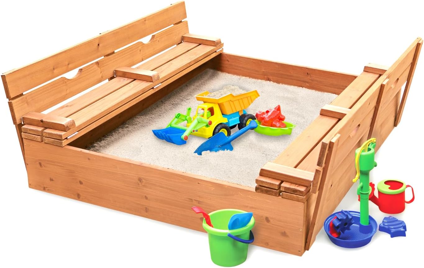 Original Wooden Cedar Sandbox with Built-in Bench Seats and Cover - Heavy Duty Outdoor Play Equipment (Natural/Natural)