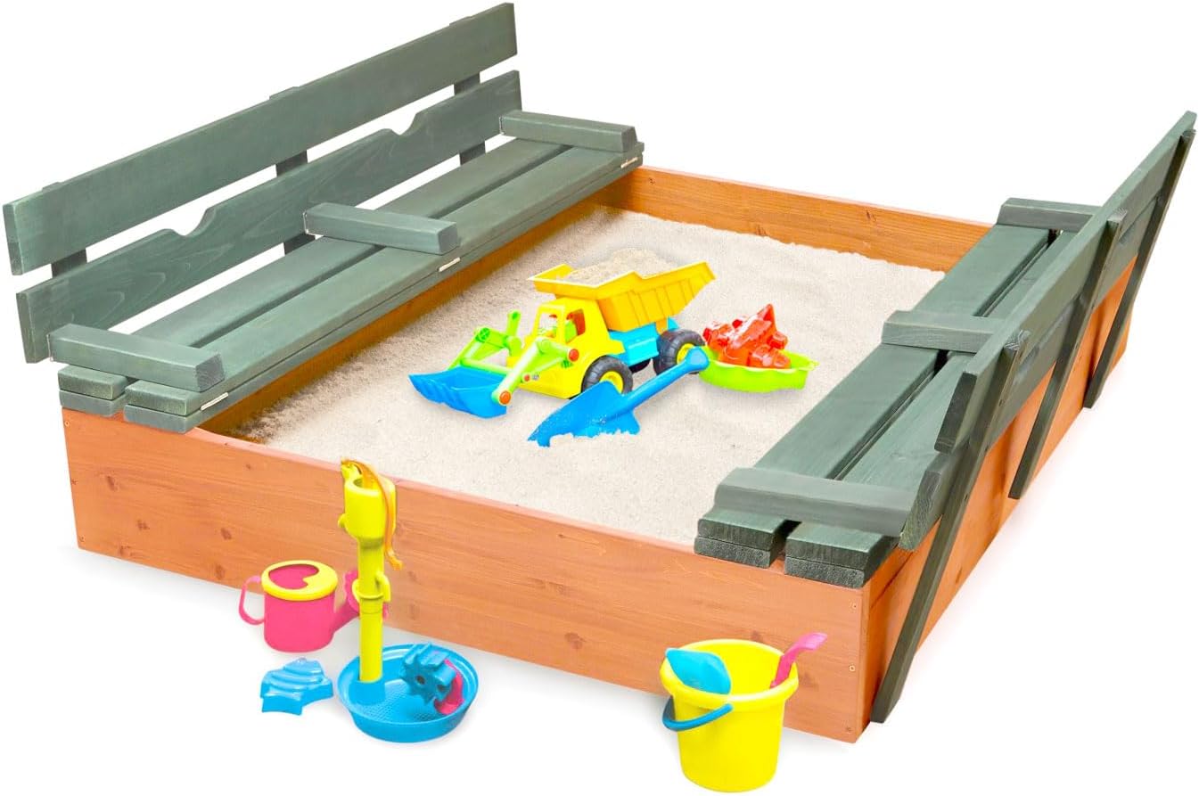 Original Wooden Cedar Sandbox with Built-in Bench Seats and Cover - Heavy Duty Outdoor Play Equipment (Natural/Natural)