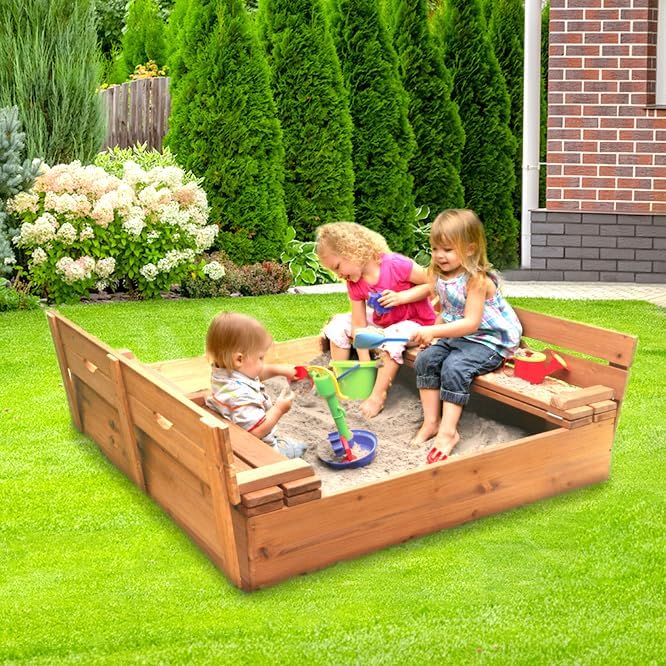 Original Wooden Cedar Sandbox with Built-in Bench Seats and Cover - Heavy Duty Outdoor Play Equipment (Natural/Natural)