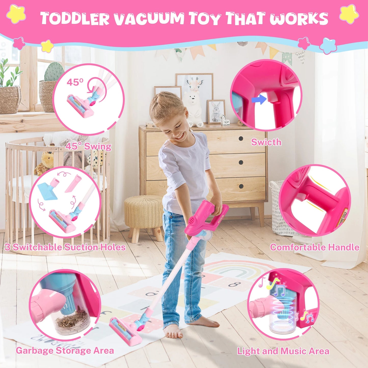 Kids Vacuum Cleaner Toys for Toddler, Toy Vacuum Set that Really Works with Real Suction, Pretend Play Housekeeping Toy Vacuum w/Sound Effects/Music/Light for Girls Boys, Pink