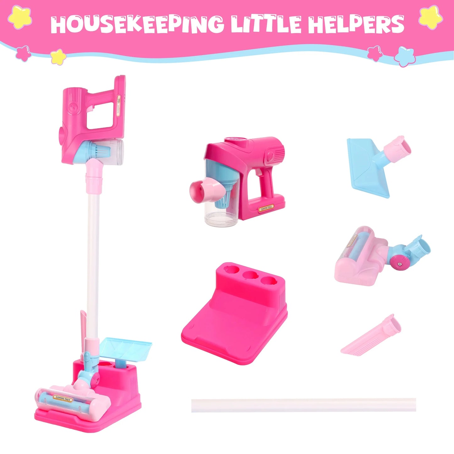 Kids Vacuum Cleaner Toys for Toddler, Toy Vacuum Set that Really Works with Real Suction, Pretend Play Housekeeping Toy Vacuum w/Sound Effects/Music/Light for Girls Boys, Pink