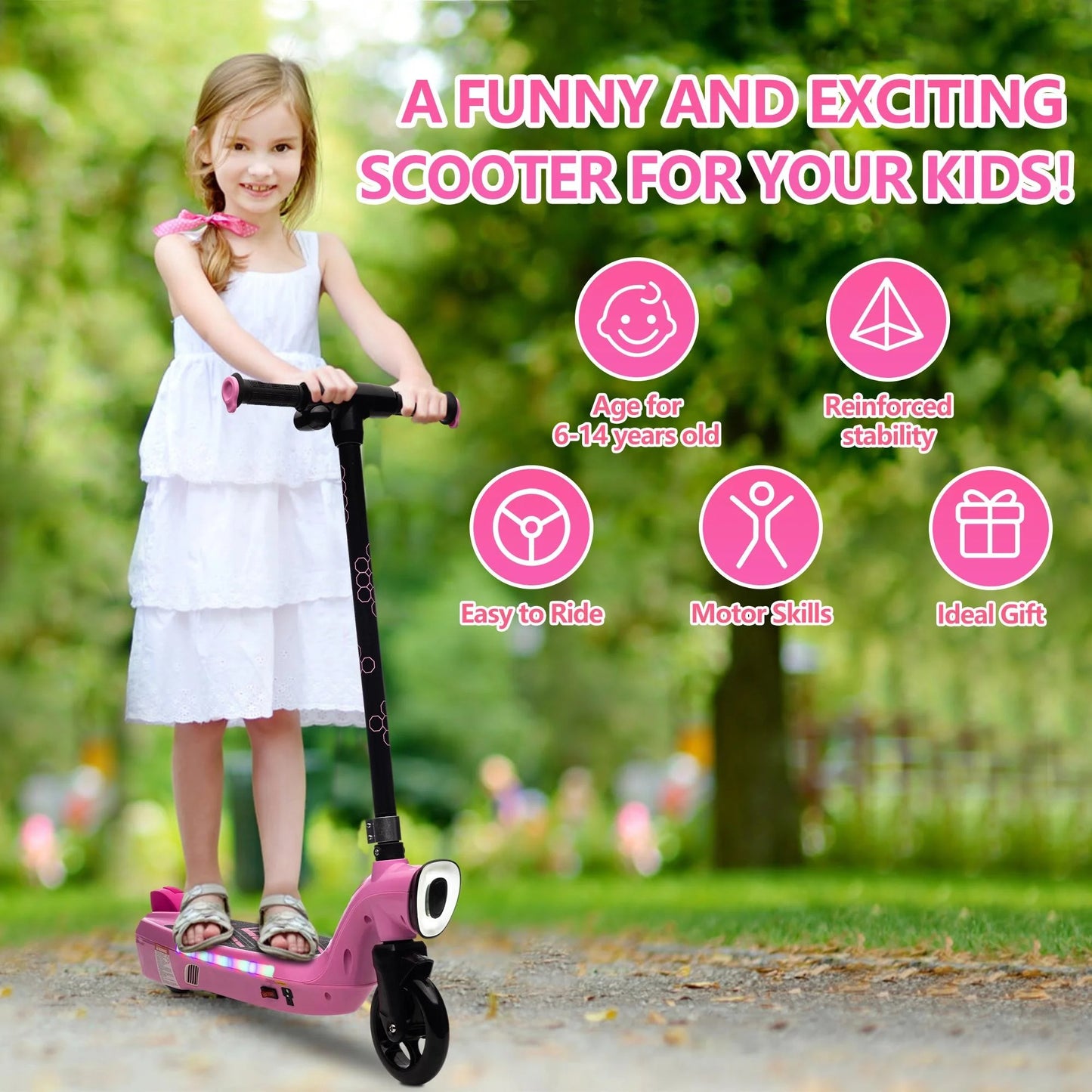 Kids Electric Scooter for 6-14 Year Old, Portable Kids Scooter for Boys Girls, 12V 45W Kids Electric Scooter with Front Big Light, Rear Brake, Colorful Deck Light, Pink