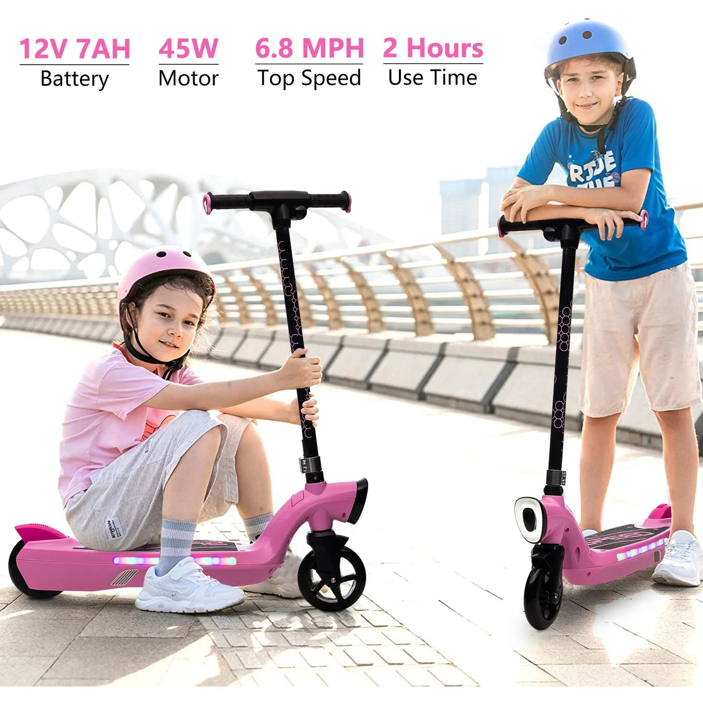 Kids Electric Scooter for 6-14 Year Old, Portable Kids Scooter for Boys Girls, 12V 45W Kids Electric Scooter with Front Big Light, Rear Brake, Colorful Deck Light, Pink