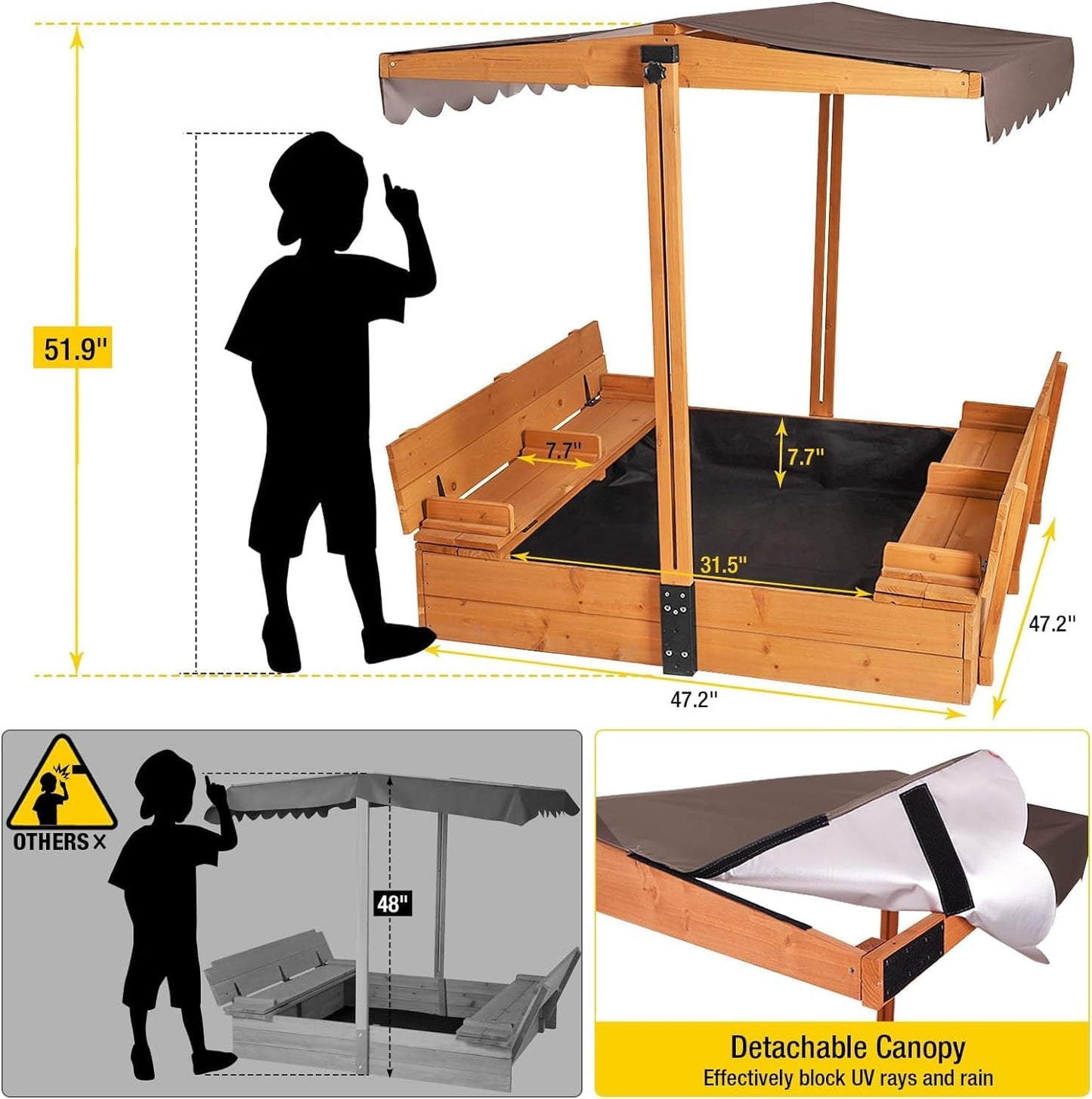 Kids Sand Boxes with Canopy Sandboxes with Covers Foldable Bench Seats, Children Outdoor Wooden Playset - UPGRADE Retractable Roof (47x47Inch)