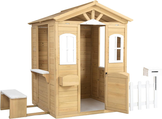 Wooden Playhouse for Kids Outdoor, Country Style Playhouse with Working Door, Windows, Mailbox, Flowers Pot Holder, Service Stations, Natural, 80" L x 38" W x 55.5" H