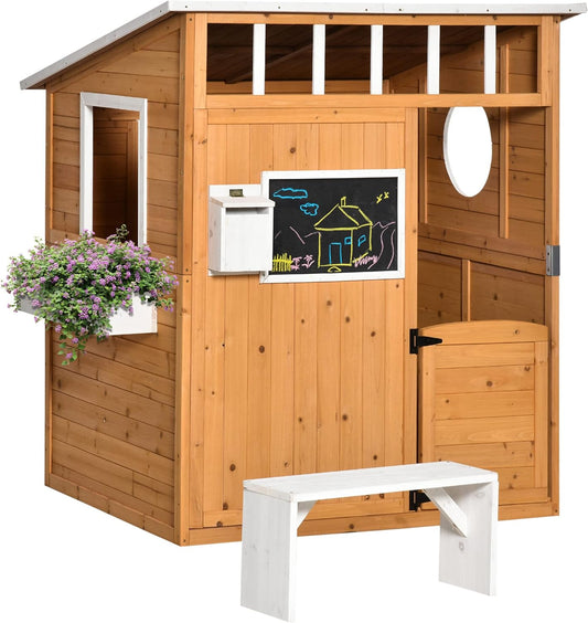 Wooden Playhouse for Kids Outdoor with Working Door, Windows, Mailbox, Bench, Flowers Pot Holder, 48" x 42.5" x 53"