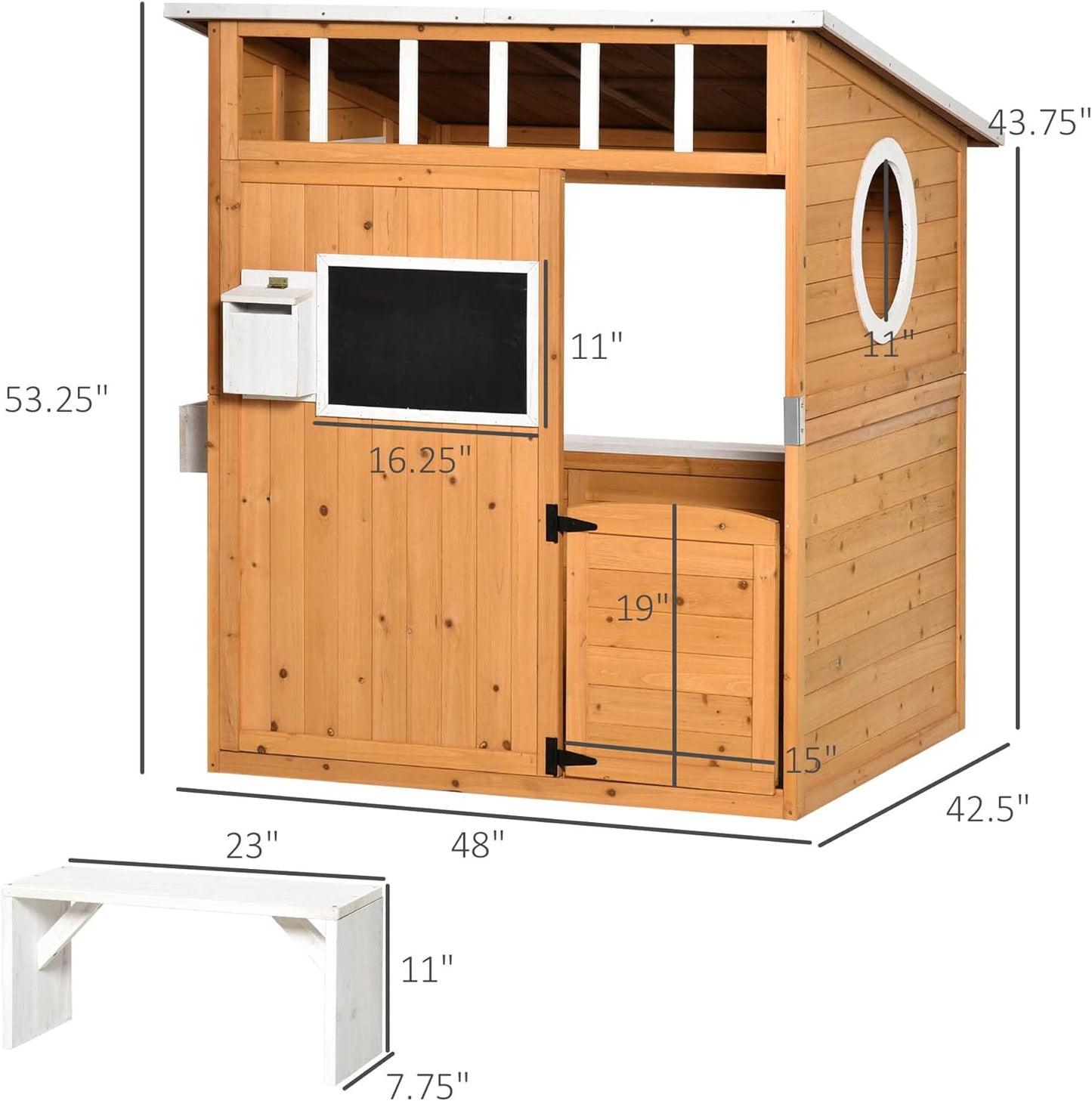 Wooden Playhouse for Kids Outdoor with Working Door, Windows, Mailbox, Bench, Flowers Pot Holder, 48" x 42.5" x 53"