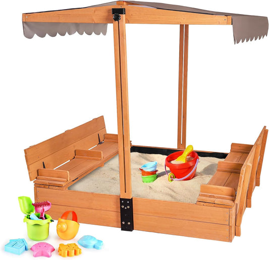 Kids Sand Boxes with Canopy Sandboxes with Covers Foldable Bench Seats, Children Outdoor Wooden Playset - UPGRADE Retractable Roof (47x47Inch)