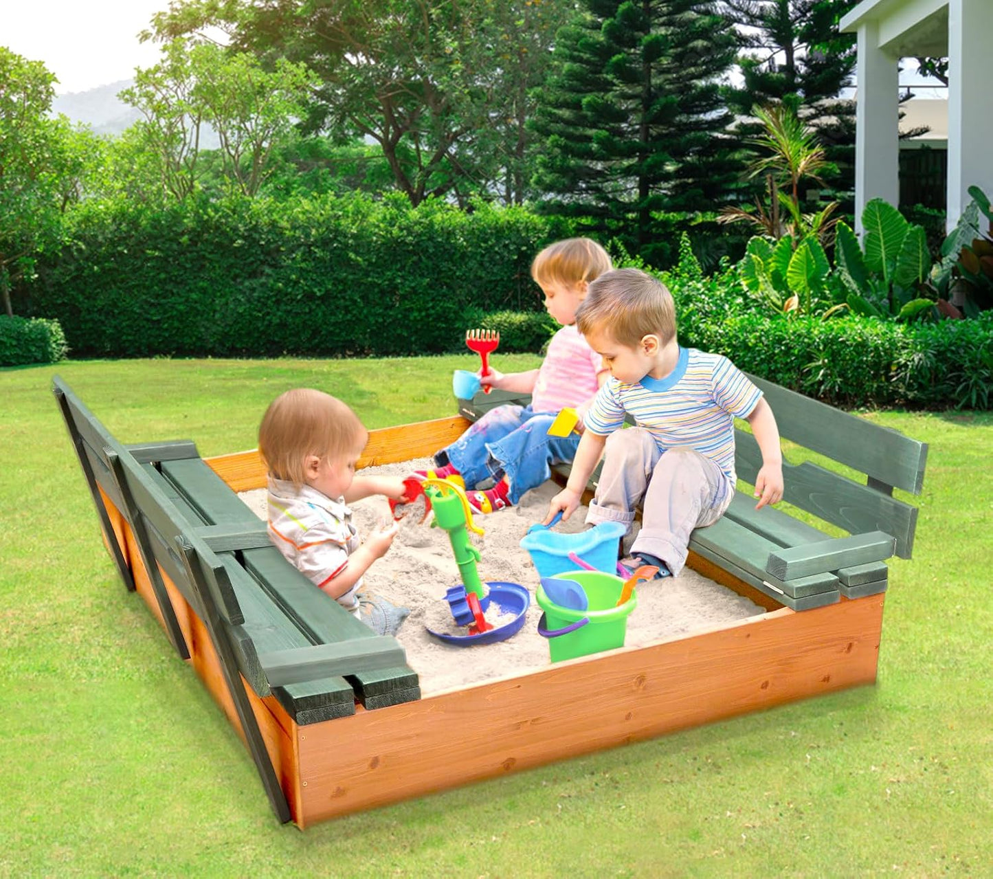 Original Wooden Cedar Sandbox with Built-in Bench Seats and Cover - Heavy Duty Outdoor Play Equipment (Natural/Natural)