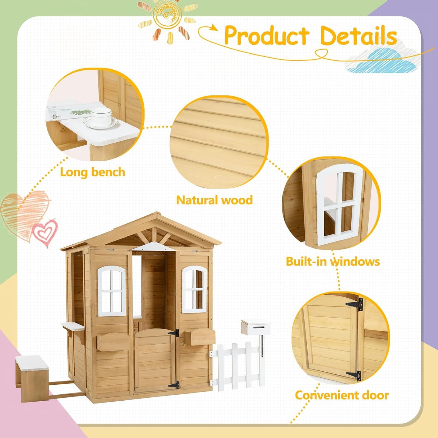 Wooden Playhouse for Kids Outdoor, Country Style Playhouse with Working Door, Windows, Mailbox, Flowers Pot Holder, Service Stations, Natural, 80" L x 38" W x 55.5" H