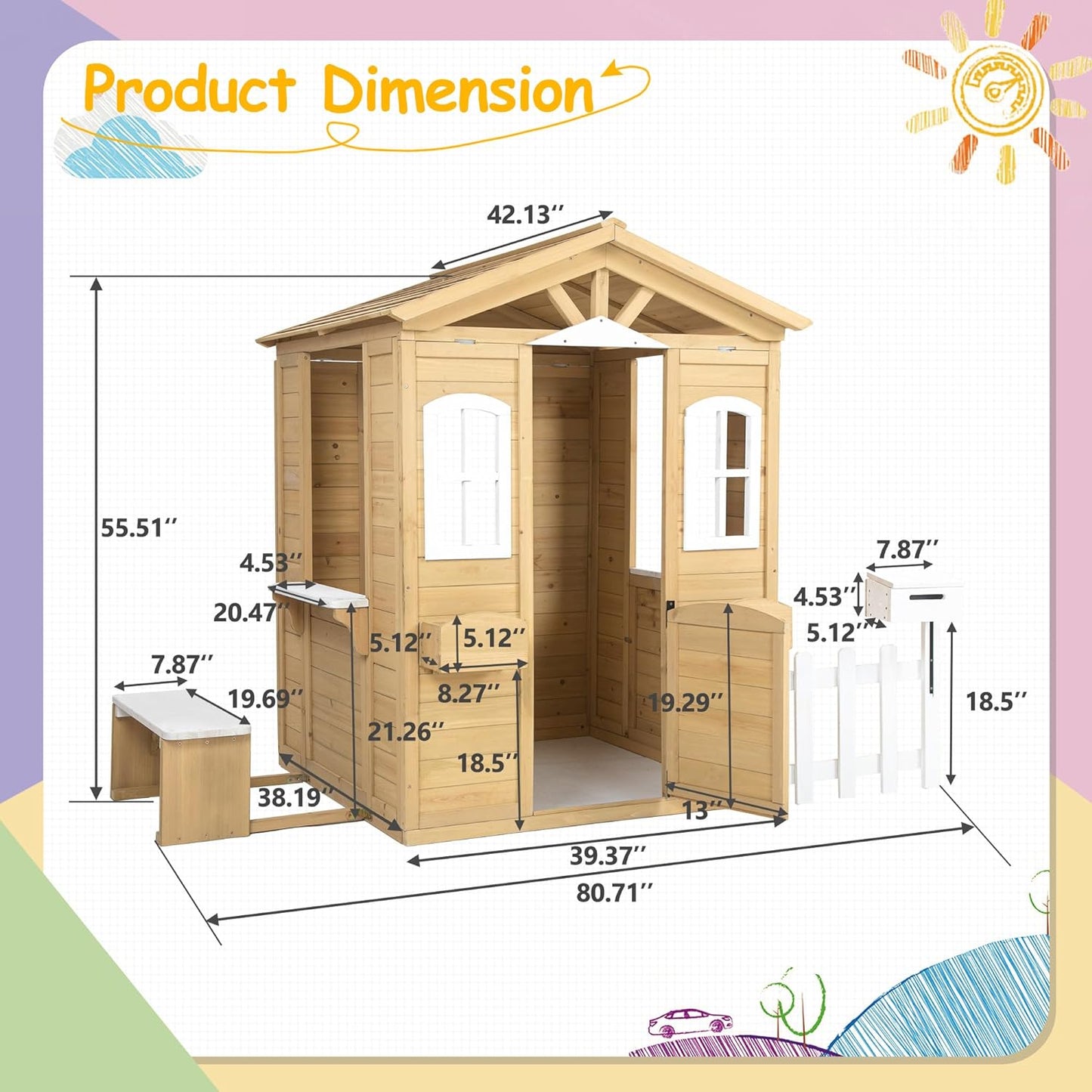 Wooden Playhouse for Kids Outdoor, Country Style Playhouse with Working Door, Windows, Mailbox, Flowers Pot Holder, Service Stations, Natural, 80" L x 38" W x 55.5" H