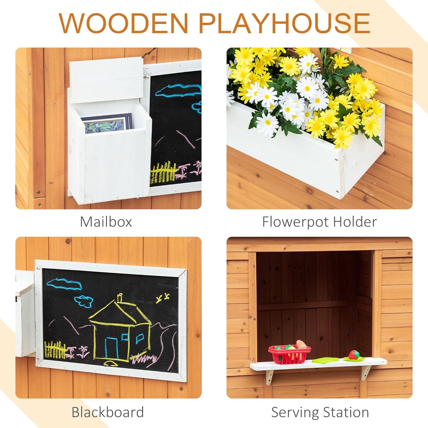 Wooden Playhouse for Kids Outdoor with Working Door, Windows, Mailbox, Bench, Flowers Pot Holder, 48" x 42.5" x 53"