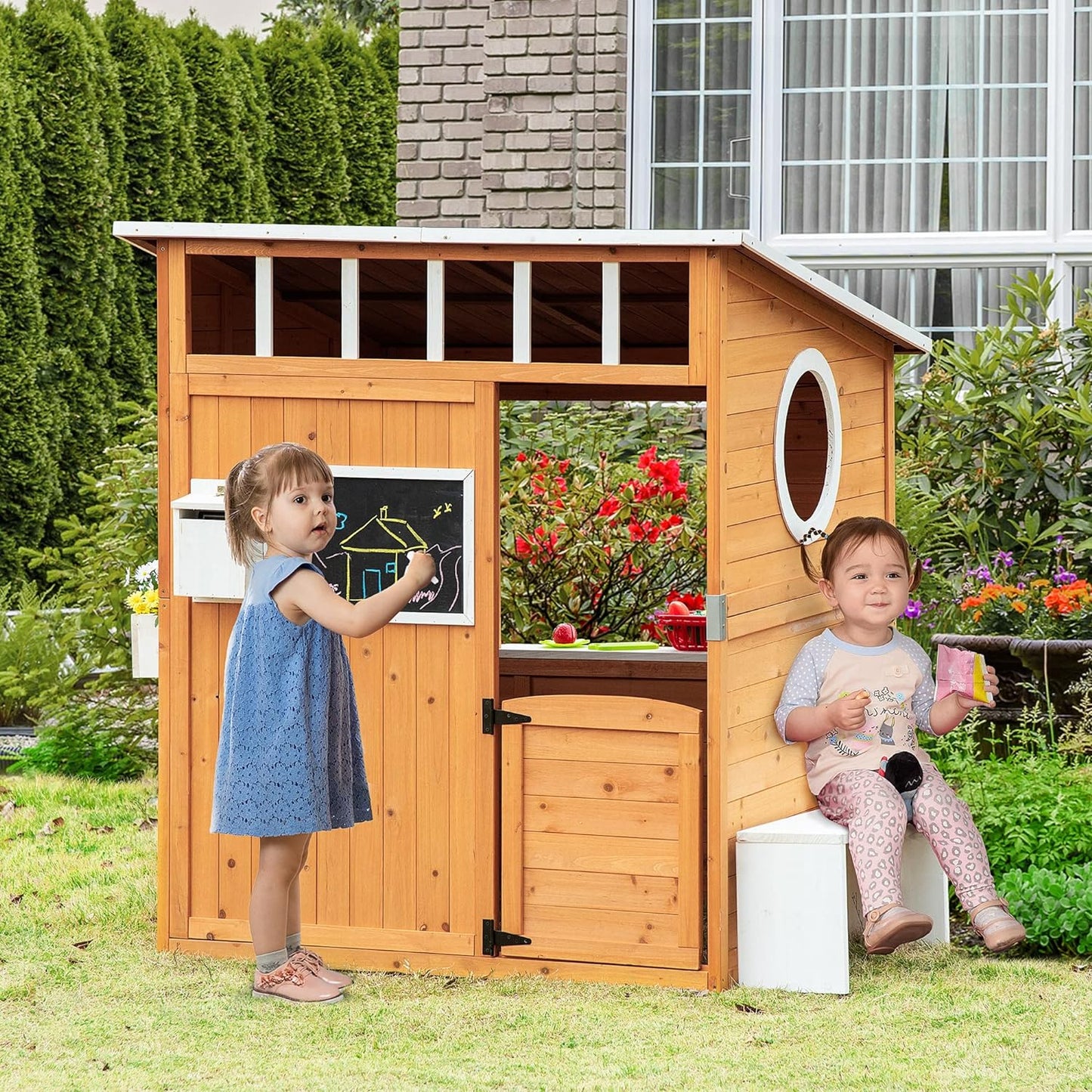 Wooden Playhouse for Kids Outdoor with Working Door, Windows, Mailbox, Bench, Flowers Pot Holder, 48" x 42.5" x 53"