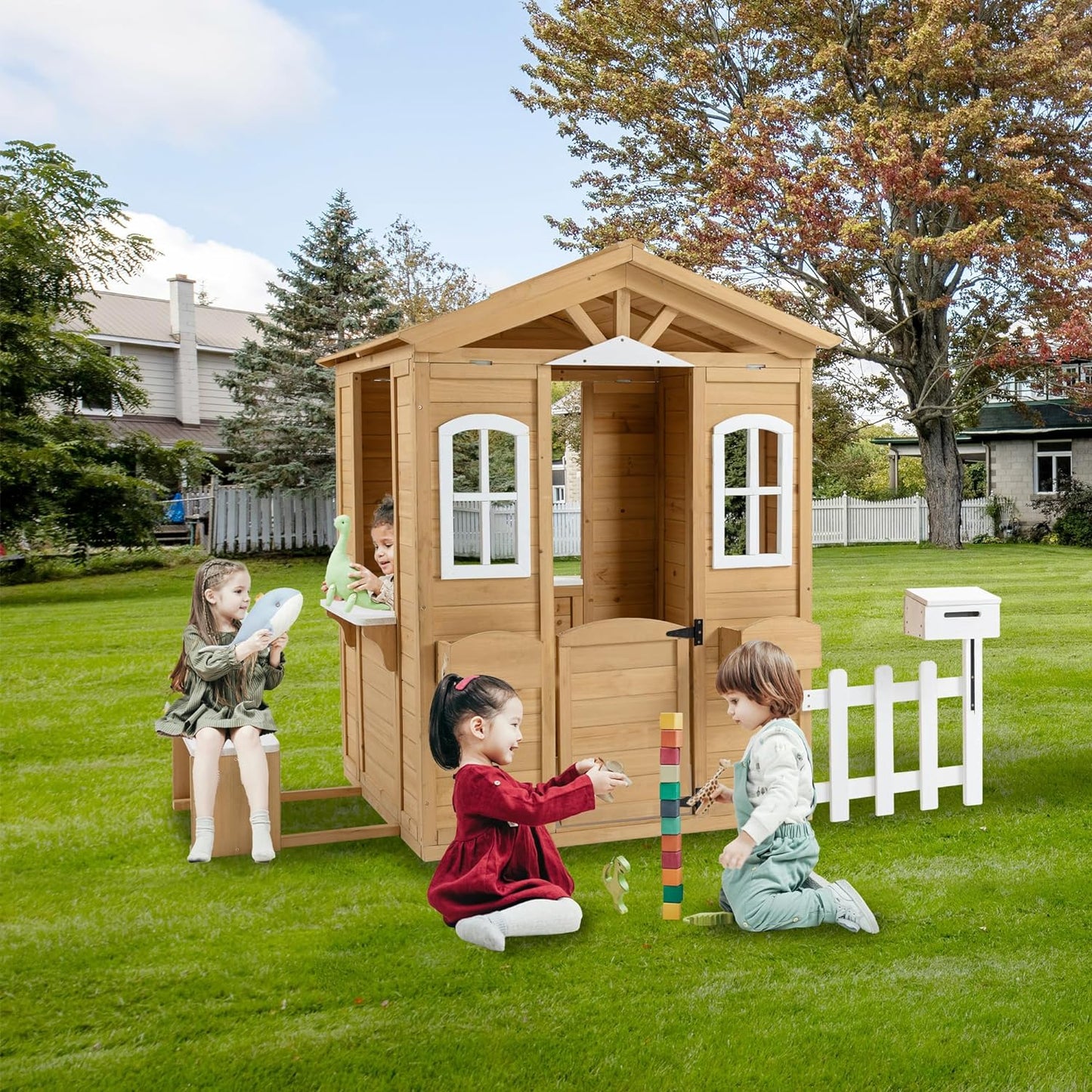 Wooden Playhouse for Kids Outdoor, Country Style Playhouse with Working Door, Windows, Mailbox, Flowers Pot Holder, Service Stations, Natural, 80" L x 38" W x 55.5" H