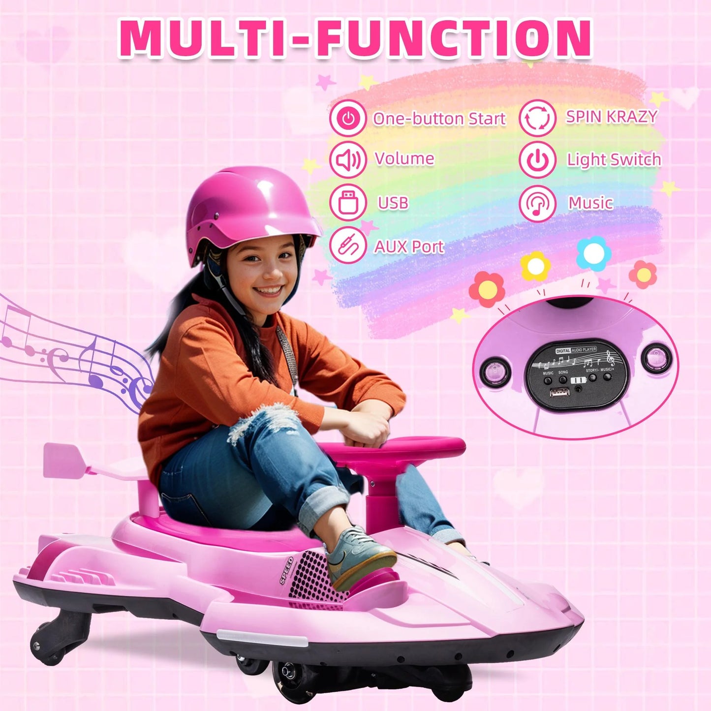 12V Kids Ride on Toy Car, 360 Degrees Rotating Ride on Drift Car Electric Drifting Go Kart for Kids Boys Girls Gifts, Go Carts for Kid with Music Player, Water Spray Taillights, Colorful Light, Pink