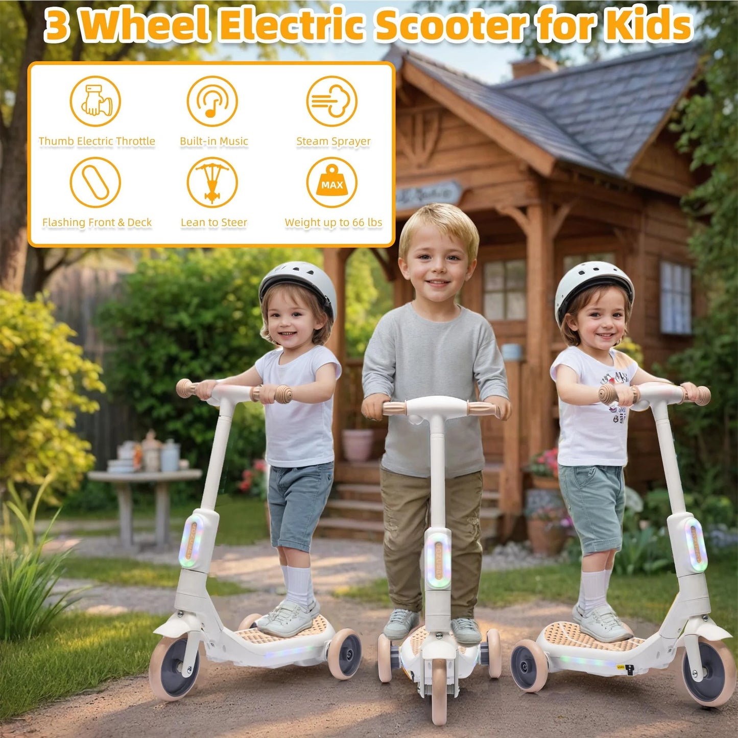 3 Wheel Scooter for Kids 3-6, Kids Scooter 3 Wheels 6V Electric Scooter for Kids Boys Girls, Kids Scooter for Toddlers with Music, Steam Sprayer, Colorful Front/Deck Light, Off-White