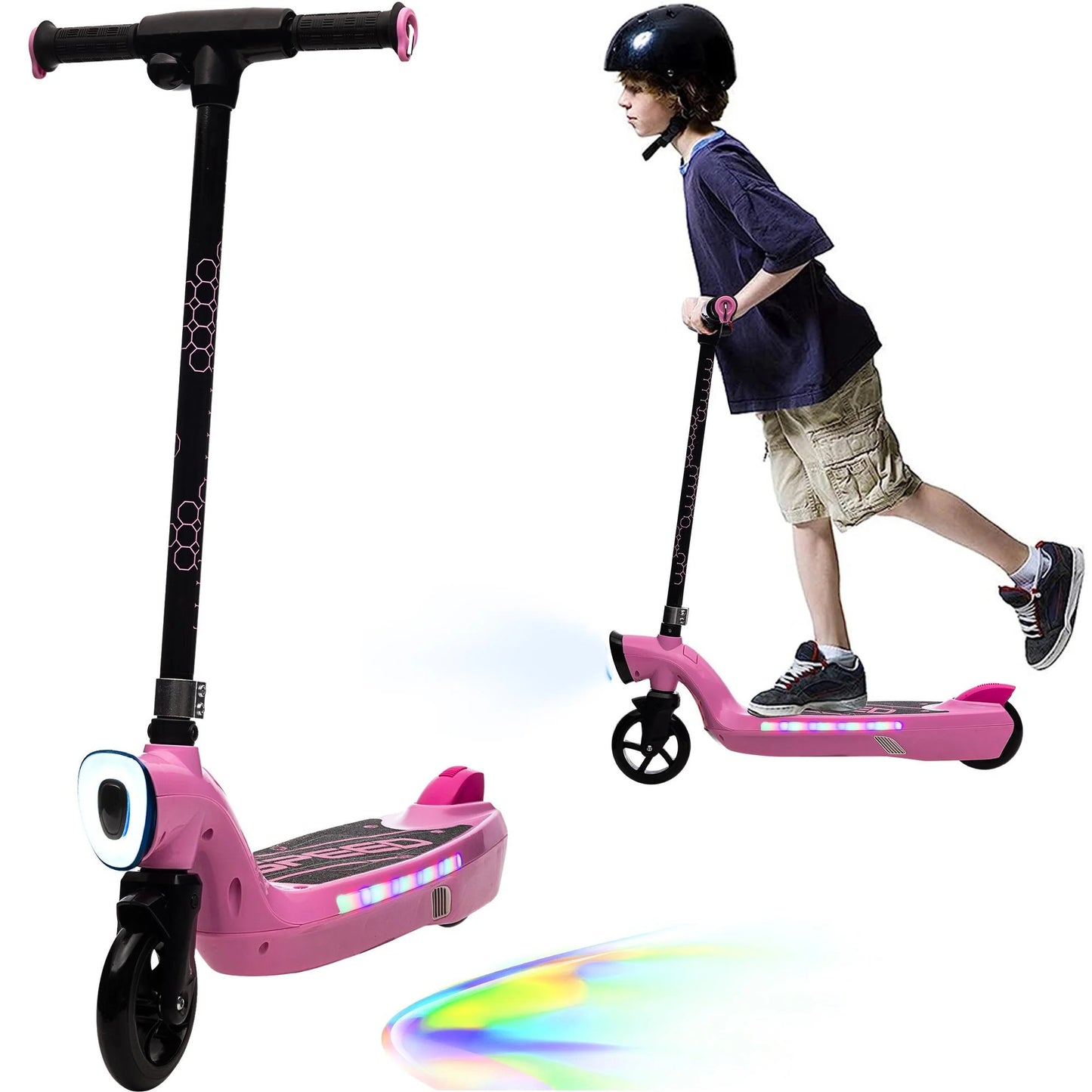 Kids Electric Scooter for 6-14 Year Old, Portable Kids Scooter for Boys Girls, 12V 45W Kids Electric Scooter with Front Big Light, Rear Brake, Colorful Deck Light, Pink