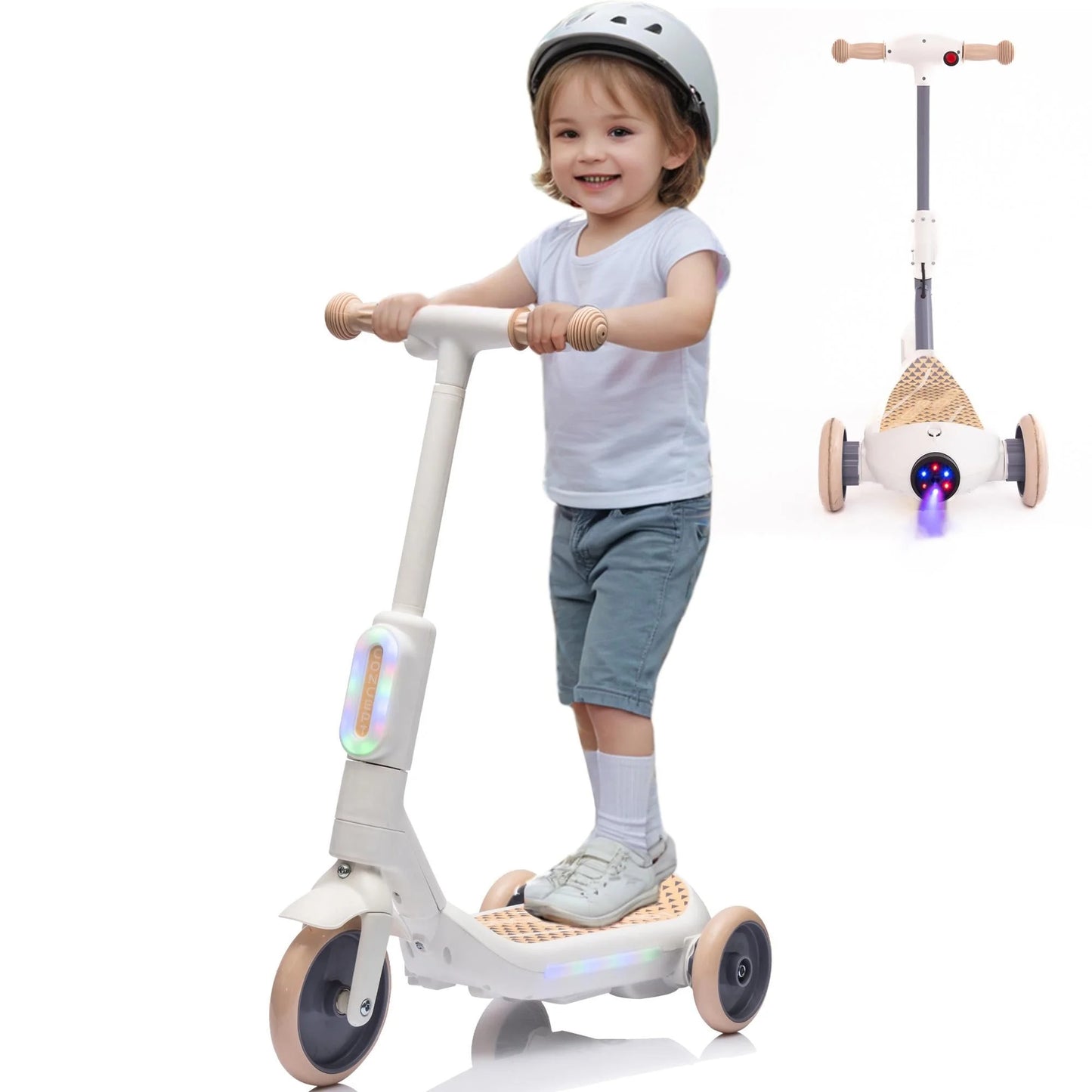 3 Wheel Scooter for Kids 3-6, Kids Scooter 3 Wheels 6V Electric Scooter for Kids Boys Girls, Kids Scooter for Toddlers with Music, Steam Sprayer, Colorful Front/Deck Light, Off-White