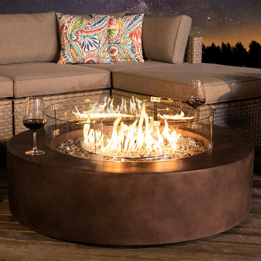 Outdoor Propane Fire Pit Coffee Table w Dark Bronze 40.5-inch Round Base Patio Heater, 50,000 BTU Stainless Steel Burner, Wind Guard, Transparent Gray Fire Glass, Waterproof Cover