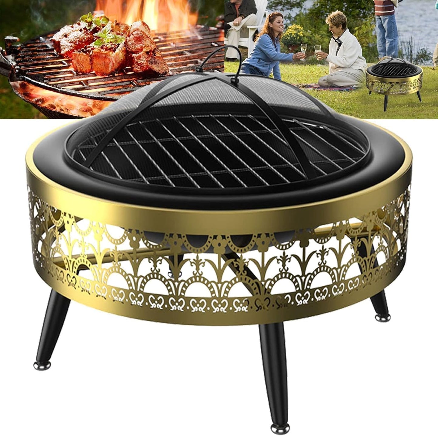 Garden Patio Outdoor Fire Pit, Indoor Charcoal Grill, Multifunction Fire Bowl with Spark Protection Mesh, Iron Bracket+Iron Basin/Stainless Steel Basin