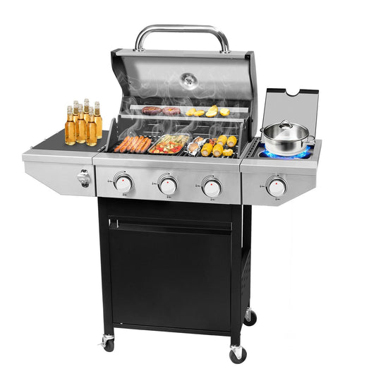 3-Burner Propane Gas BBQ Grill with Side Burner & Porcelain-Enameled Cast Iron Grates Built-in Thermometer, 37,000 BTU Outdoor Cooking, Patio, Garden Barbecue Grill