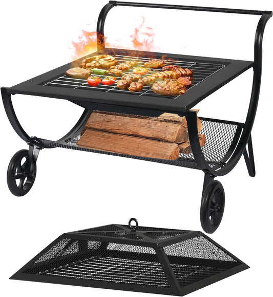 31-Inch steel outdoor square wood burning fire pit with Wheels,fireplace for BBQ