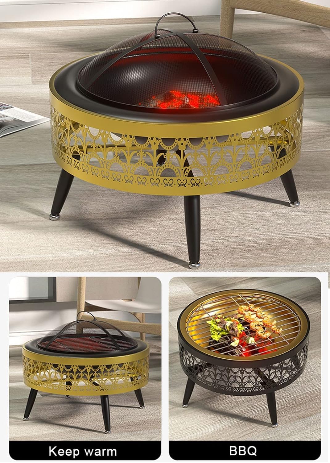 Garden Patio Outdoor Fire Pit, Indoor Charcoal Grill, Multifunction Fire Bowl with Spark Protection Mesh, Iron Bracket+Iron Basin/Stainless Steel Basin