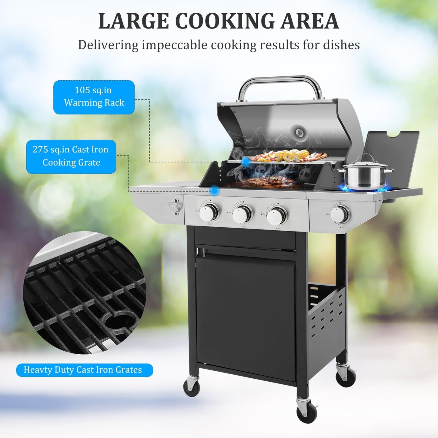 3-Burner Propane Gas BBQ Grill with Side Burner & Porcelain-Enameled Cast Iron Grates Built-in Thermometer, 37,000 BTU Outdoor Cooking, Patio, Garden Barbecue Grill