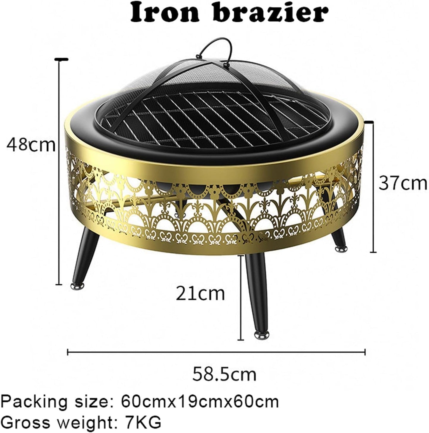 Garden Patio Outdoor Fire Pit, Indoor Charcoal Grill, Multifunction Fire Bowl with Spark Protection Mesh, Iron Bracket+Iron Basin/Stainless Steel Basin