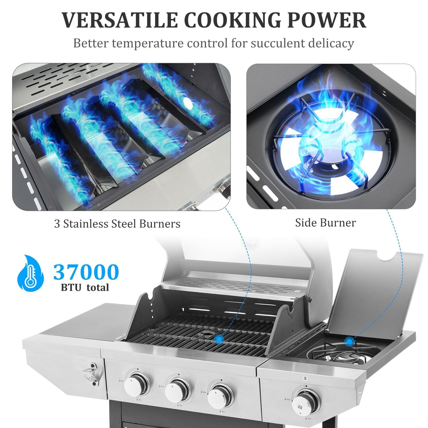 3-Burner Propane Gas BBQ Grill with Side Burner & Porcelain-Enameled Cast Iron Grates Built-in Thermometer, 37,000 BTU Outdoor Cooking, Patio, Garden Barbecue Grill