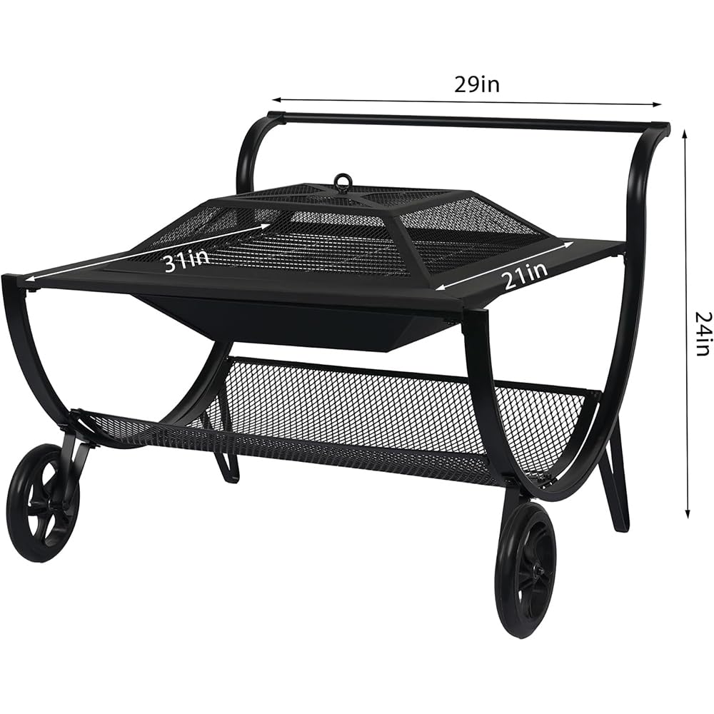 31-Inch steel outdoor square wood burning fire pit with Wheels,fireplace for BBQ