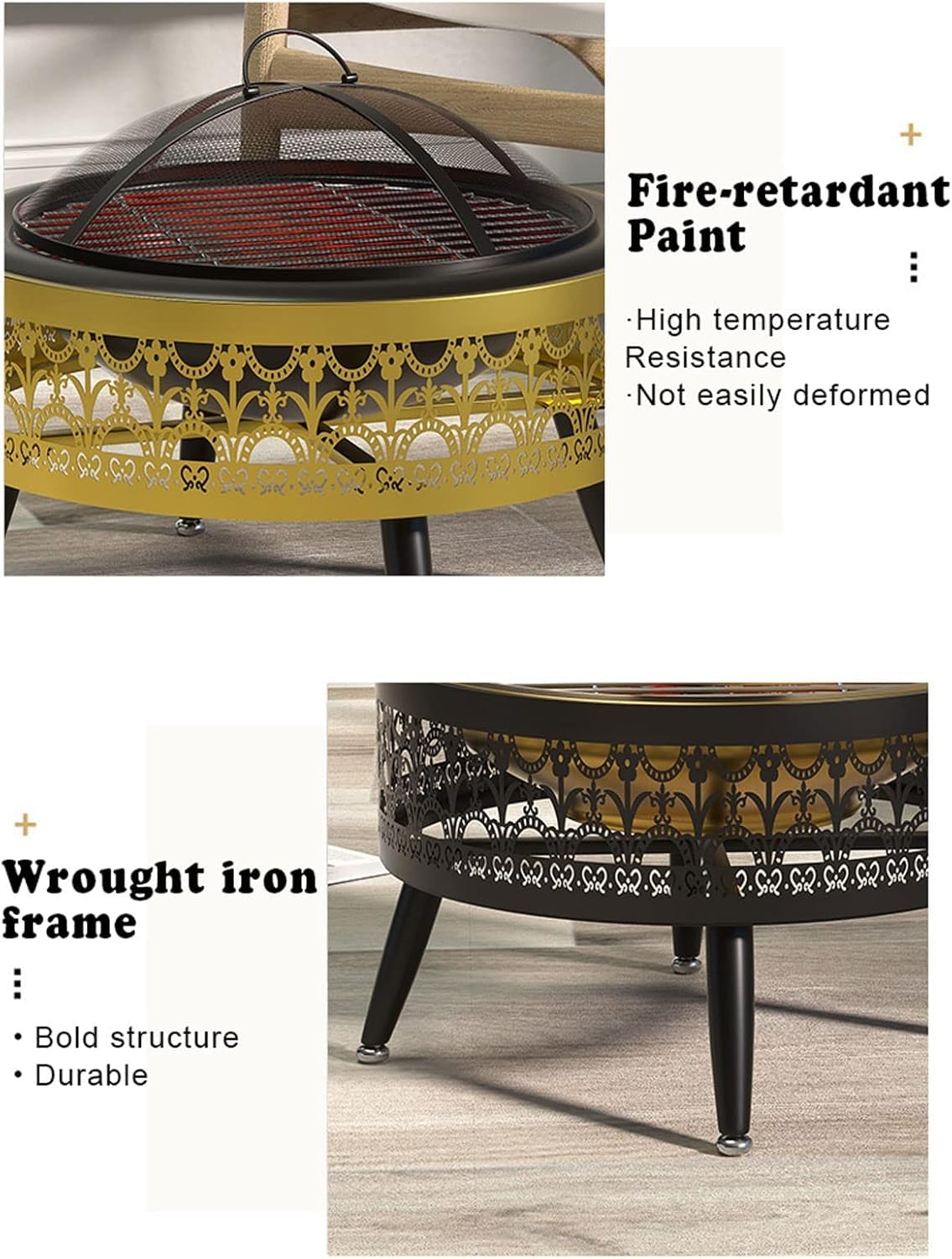 Garden Patio Outdoor Fire Pit, Indoor Charcoal Grill, Multifunction Fire Bowl with Spark Protection Mesh, Iron Bracket+Iron Basin/Stainless Steel Basin