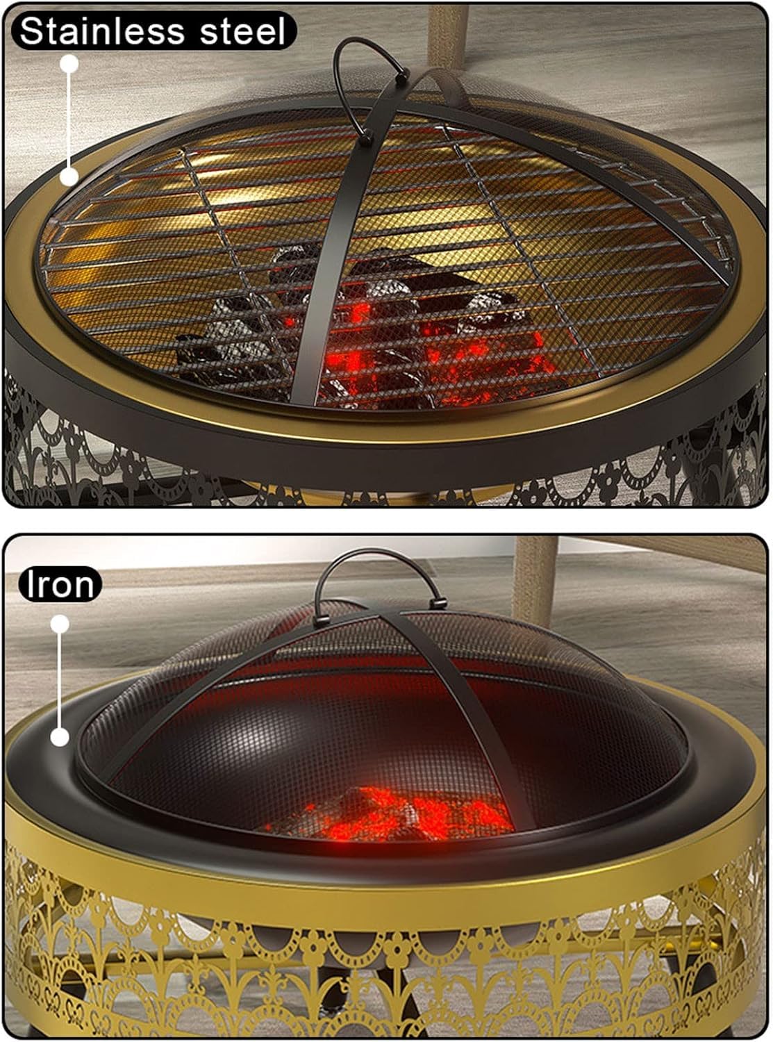 Garden Patio Outdoor Fire Pit, Indoor Charcoal Grill, Multifunction Fire Bowl with Spark Protection Mesh, Iron Bracket+Iron Basin/Stainless Steel Basin