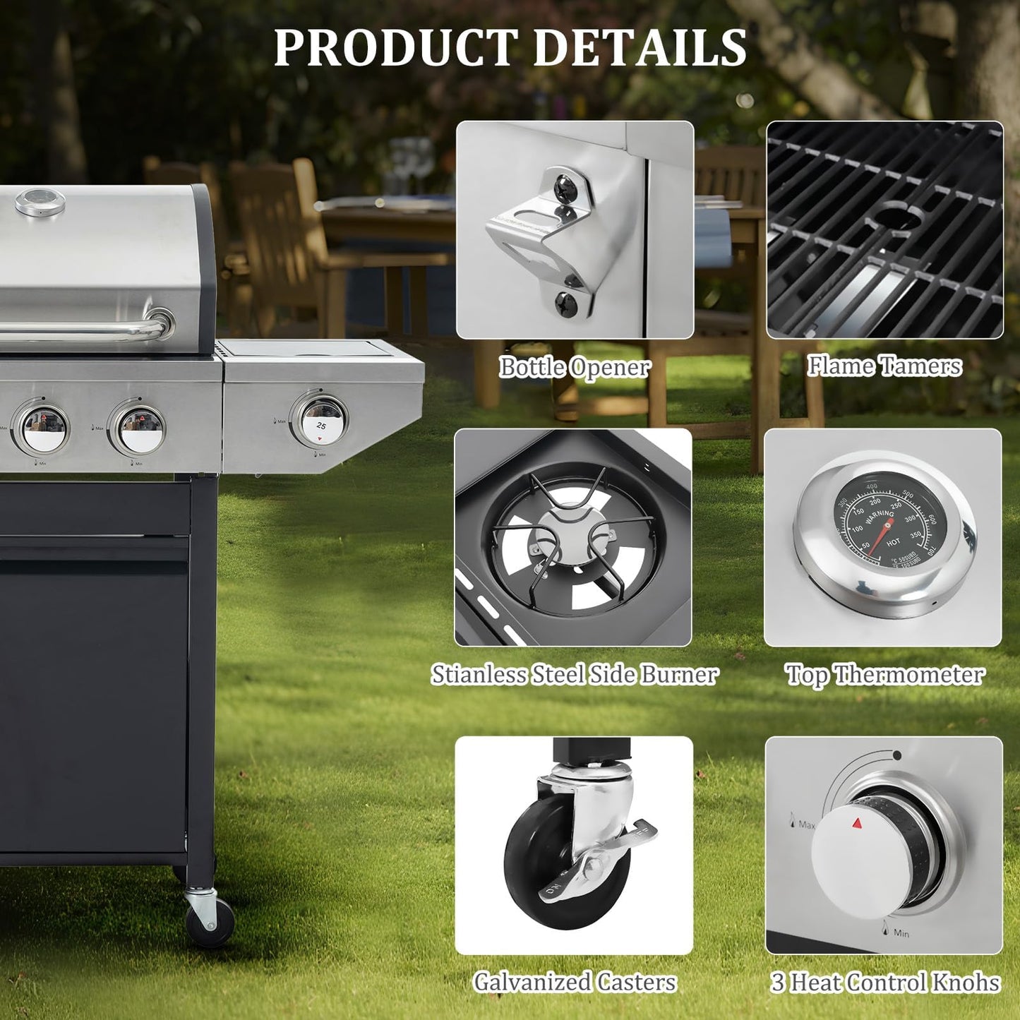 3-Burner Propane Gas BBQ Grill with Side Burner & Porcelain-Enameled Cast Iron Grates Built-in Thermometer, 37,000 BTU Outdoor Cooking, Patio, Garden Barbecue Grill