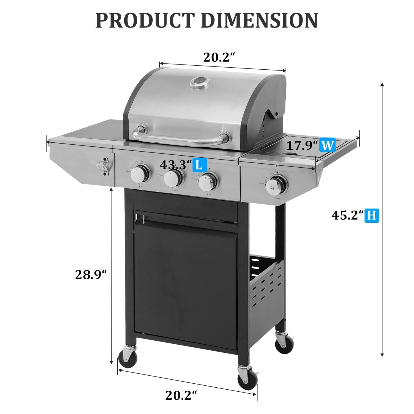 3-Burner Propane Gas BBQ Grill with Side Burner & Porcelain-Enameled Cast Iron Grates Built-in Thermometer, 37,000 BTU Outdoor Cooking, Patio, Garden Barbecue Grill