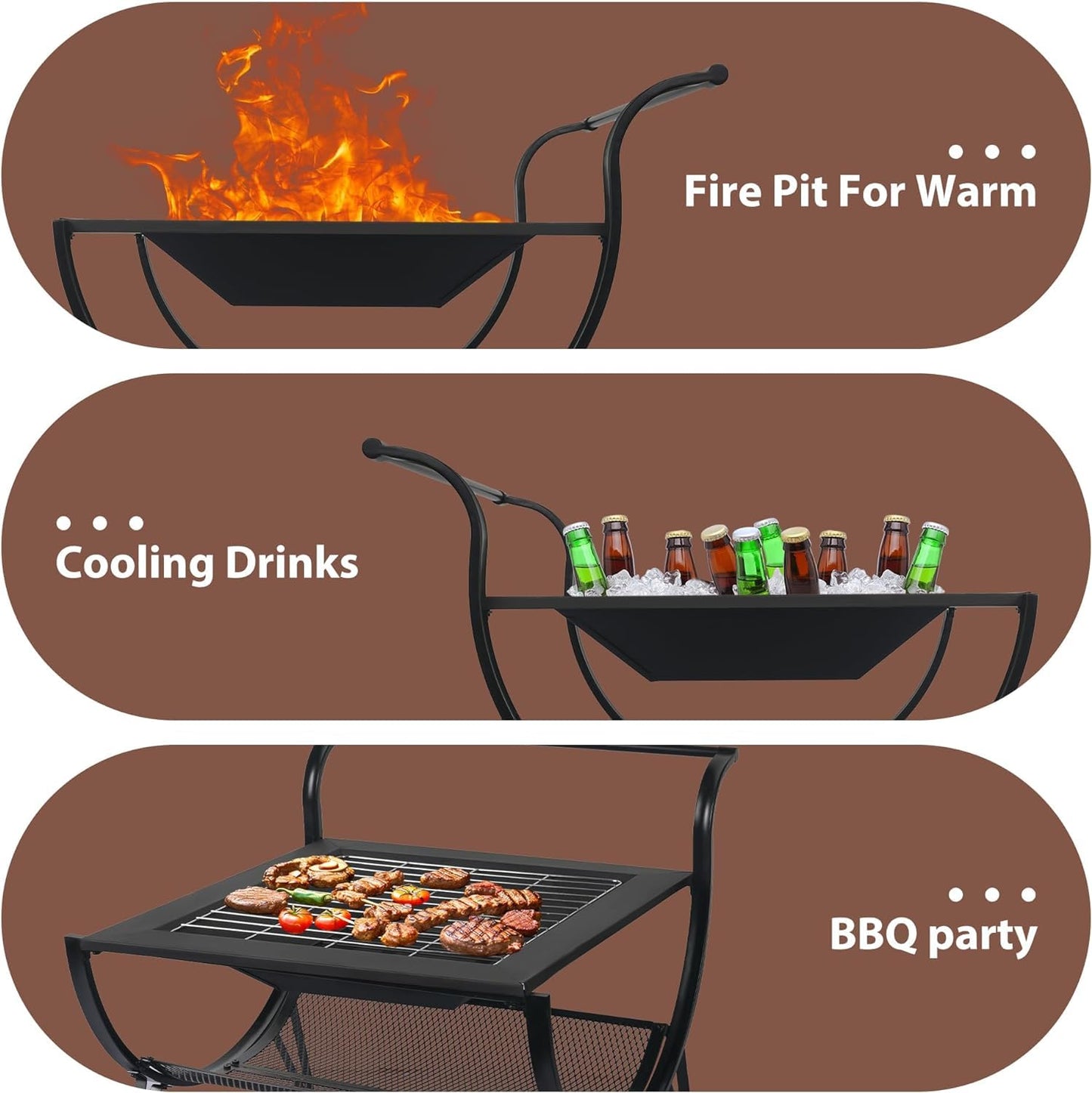 31-Inch steel outdoor square wood burning fire pit with Wheels,fireplace for BBQ